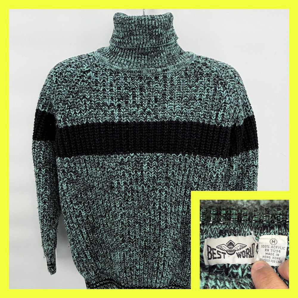 Vintage 80s Best World Chunky Knit Turtleneck Sweater Mens Medium Teal Black
